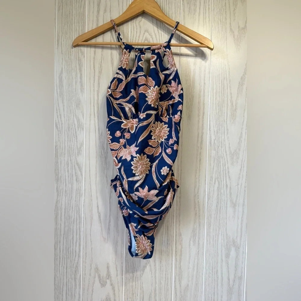 Cupshe Rich Blue Floral Cutout Ruched One-Piece Swimsuit Size M EUC